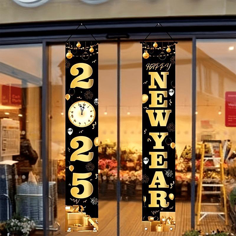 New Year Party Banner, 2 Counts set Happy New Year Letter & Number Pattern Door Banner, Party Decoration Supplies for Home & Outdoor