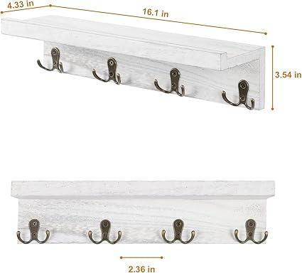 2 Packs Coat Hooks Shelf with 16 Hooks Coat Rack Wall Mounted Towel Rack Set Wooden Hanging Storage for Entryway Bathroom Bedroom Living Room Decor