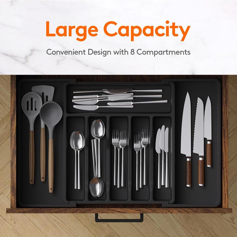 Kitchen Drawer Organizer, 1 Count Expandable Utensil Tray, BPA Free Flatware and Cutlery Holder, Adjustable Plastic Storage for Spoons Forks Knives