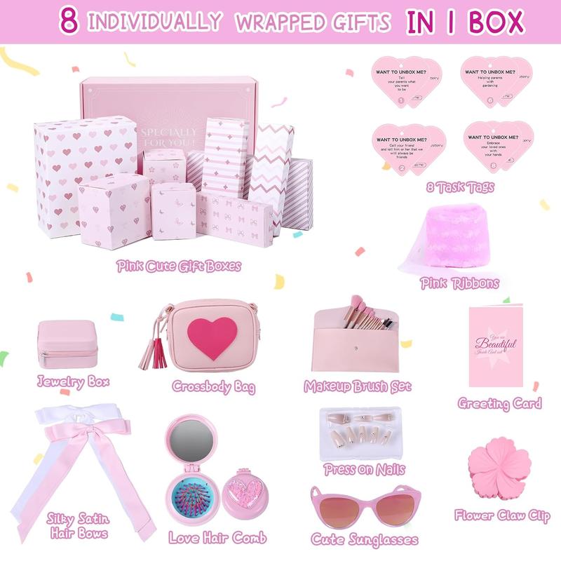 MH MYLUNE HOME Birthday Gifts for Teen Girls, Pink Gifts Basket Birthday Graduation Gifts box Set for Teen Tween Girl Age 6-18, 8 Individually Wrapped Gifts in 1 Box & Fun Task Tags