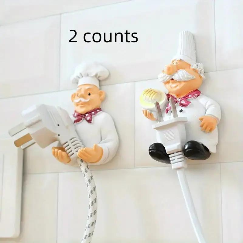 Cartoon Chef Design Power Cord Holder, 2 Counts Self Adhesive Power Cable Storage Hook, Home Organizer for Kitchen Bathroom