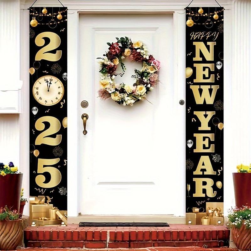 New Year Party Banner, 2 Counts set Happy New Year Letter & Number Pattern Door Banner, Party Decoration Supplies for Home & Outdoor