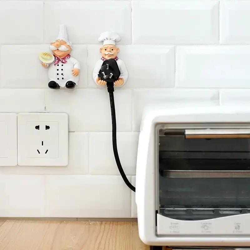 Cartoon Chef Design Power Cord Holder, 2 Counts Self Adhesive Power Cable Storage Hook, Home Organizer for Kitchen Bathroom