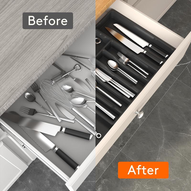 Kitchen Drawer Organizer, 1 Count Expandable Utensil Tray, BPA Free Flatware and Cutlery Holder, Adjustable Plastic Storage for Spoons Forks Knives