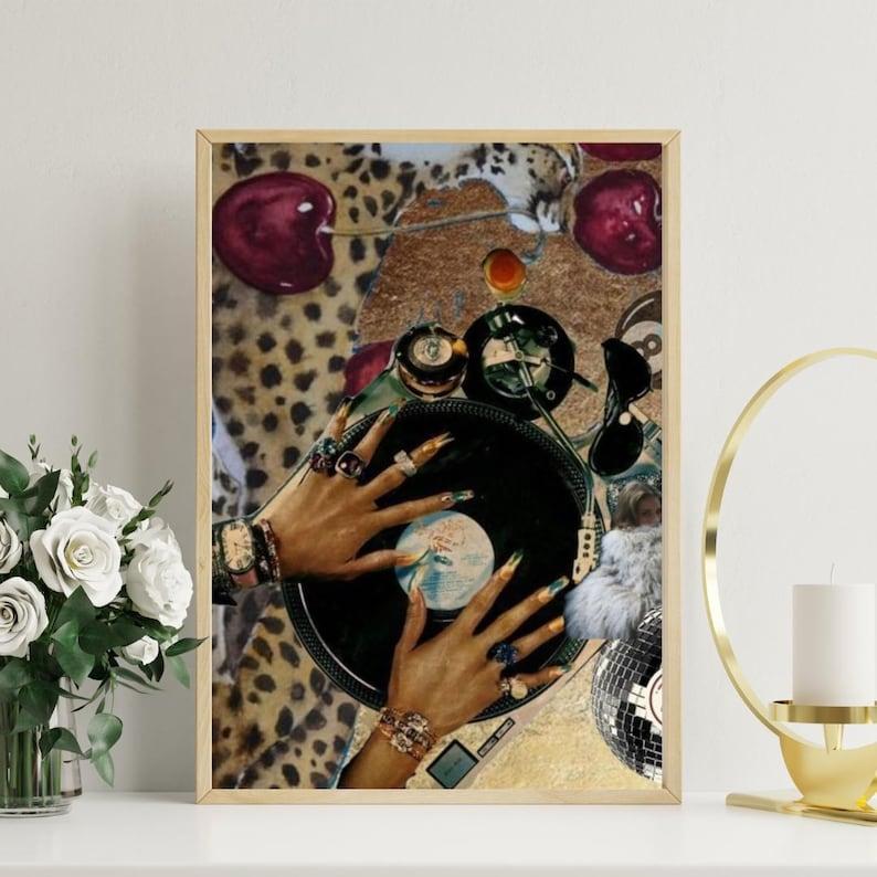 Black Woman Art, Black Girl Wall Poster, Fashion Girl Poster ,Leopard Poster, Vintage Music Poster, Abstract Art, Music Record Player Print