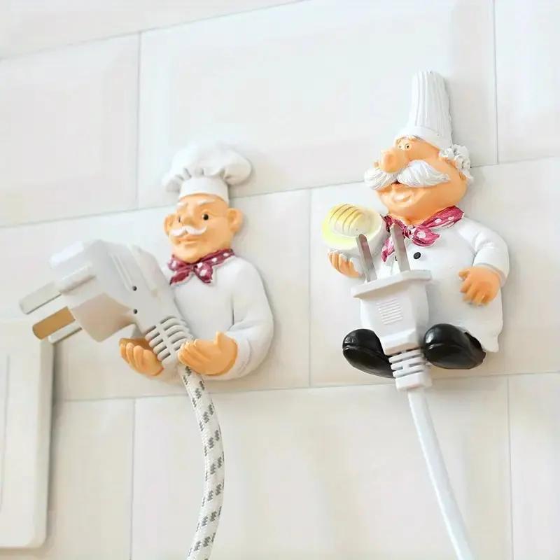 Cartoon Chef Design Power Cord Holder, 2 Counts Self Adhesive Power Cable Storage Hook, Home Organizer for Kitchen Bathroom