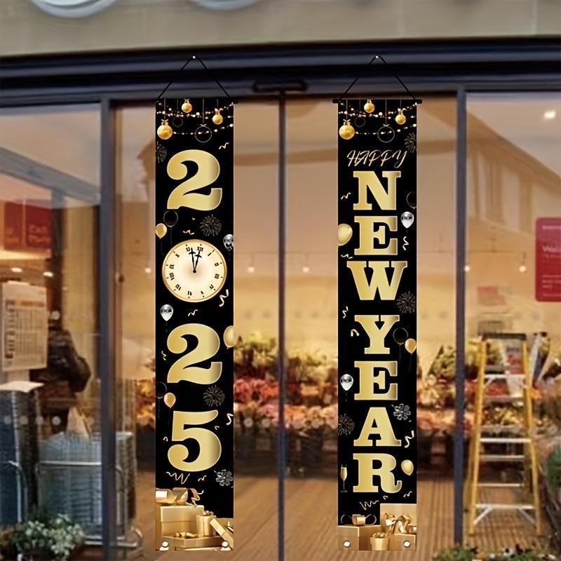 New Year Party Banner, 2 Counts set Happy New Year Letter & Number Pattern Door Banner, Party Decoration Supplies for Home & Outdoor