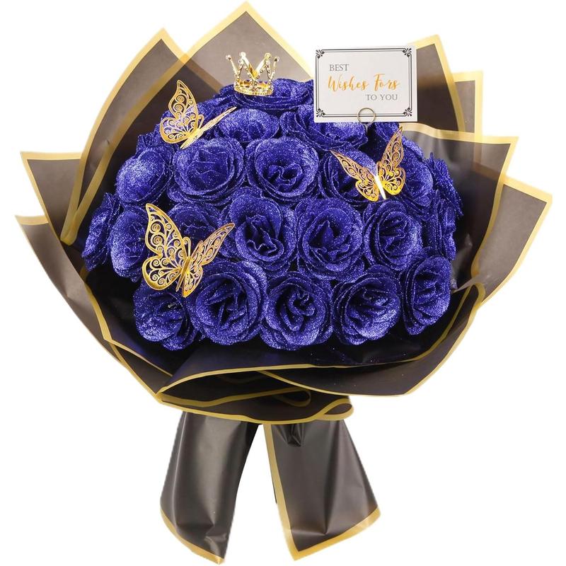 Roya Blue Glitter Roses Bouquet, 30 count DIY   Bouquet, Everlasting Shiny Artificial Rose Bouquet for Valentine's Day, Anniversary, Engagement, Wedding