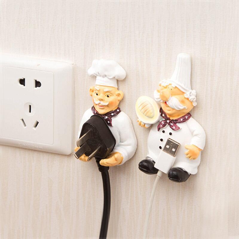 Cartoon Chef Design Power Cord Holder, 2 Counts Self Adhesive Power Cable Storage Hook, Home Organizer for Kitchen Bathroom