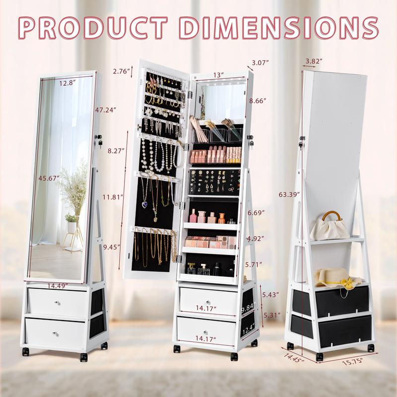 Homall 360° Rotating Jewelry Armoires Cabinet With Wheels Lockable Standing Storage Box with 2 Drawers Organiser Earring