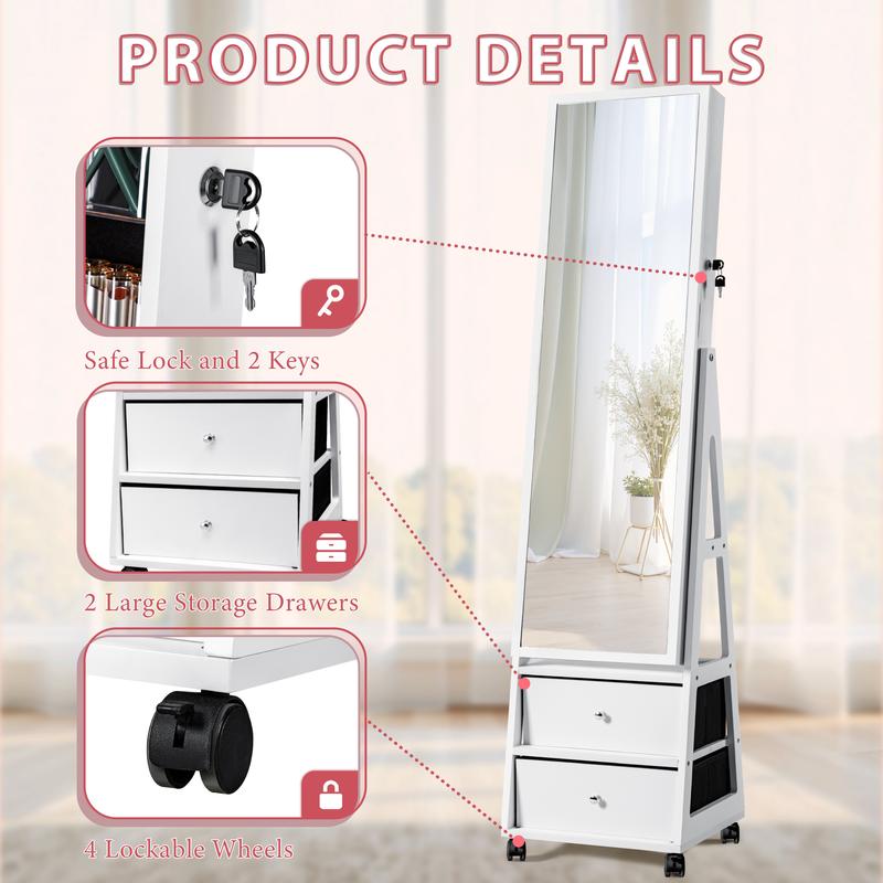 Homall 360° Rotating Jewelry Armoires Cabinet With Wheels Lockable Standing Storage Box with 2 Drawers Organiser Earring