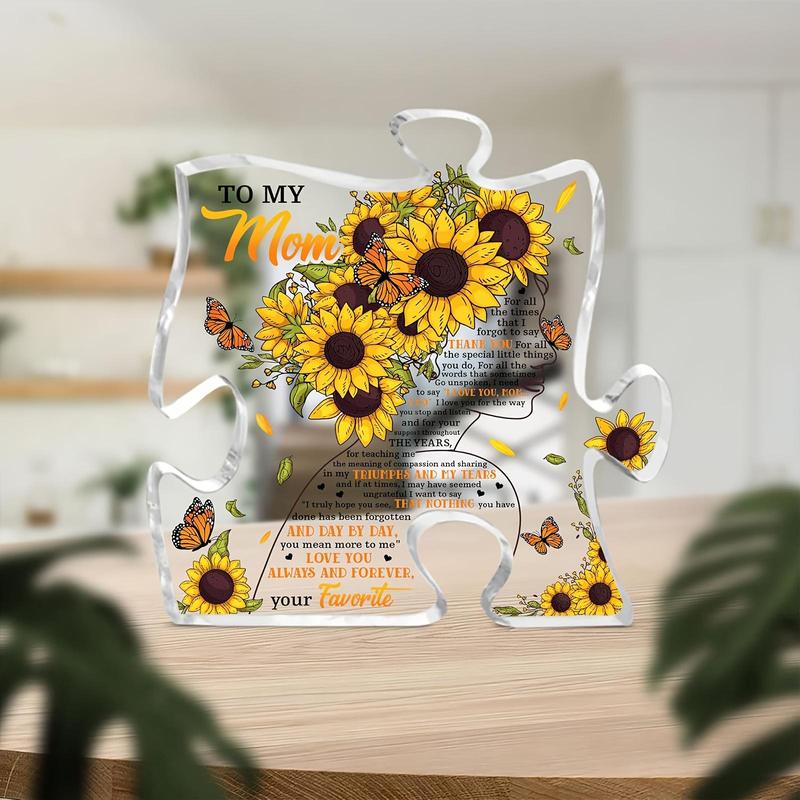 Sunflower Pattern Puzzle Shaped Acrylic Plaque, Creative Clear Puzzle Plaque, Home Decor for Living Room Bedroom Office, Gift for Mom