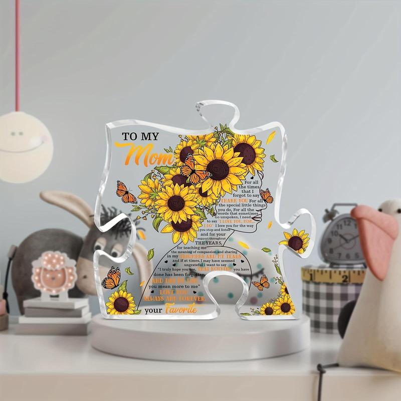 Sunflower Pattern Puzzle Shaped Acrylic Plaque, Creative Clear Puzzle Plaque, Home Decor for Living Room Bedroom Office, Gift for Mom