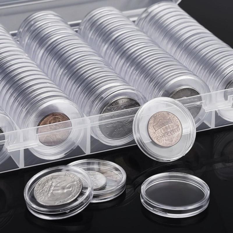 100 Pcs Coin Capsules Holder with Box, Commemorative Round Coin Holder, Coins Plastic Display Cases Storage Organizer, Coin Collection Box Container Collectibles Gifts