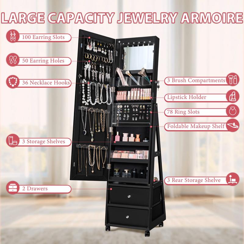 Homall 360° Rotating Jewelry Armoires Cabinet With Wheels Lockable Standing Storage Box with 2 Drawers Organiser Earring