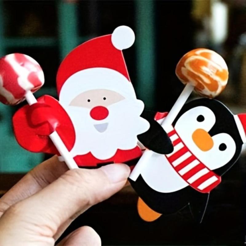 Christmas Themed Lollipop Holder Card, 100pcs set Santa Claus & Penguin Design Paper Crafts, Gift Decorations for Party, Holiday, Birthday