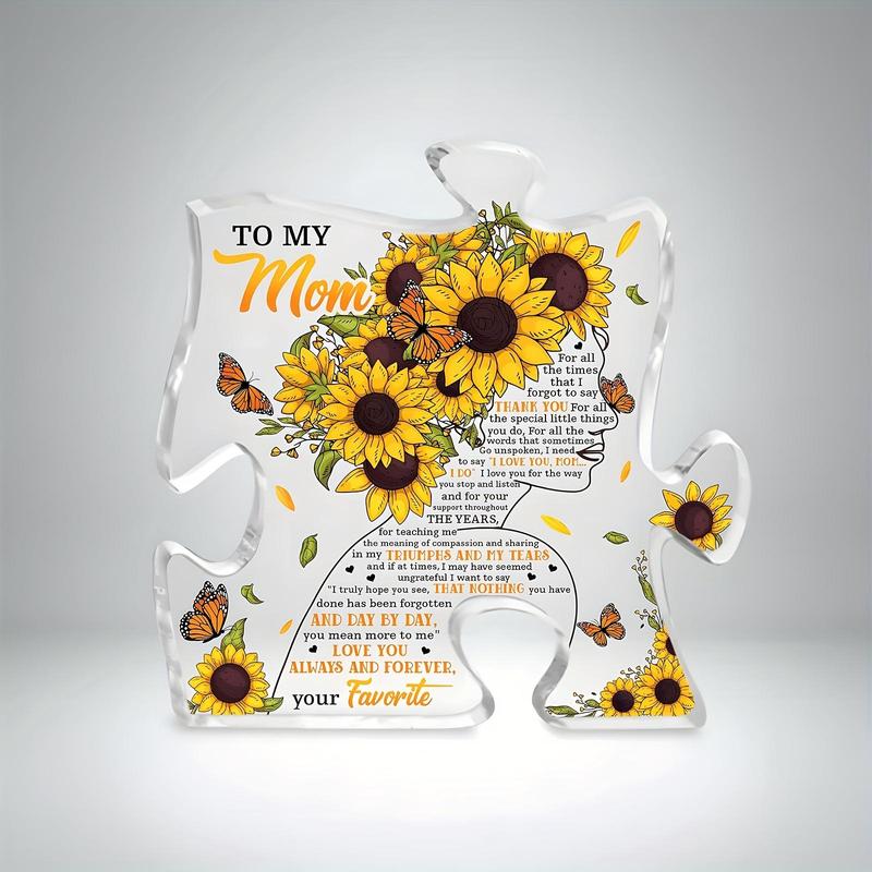 Sunflower Pattern Puzzle Shaped Acrylic Plaque, Creative Clear Puzzle Plaque, Home Decor for Living Room Bedroom Office, Gift for Mom