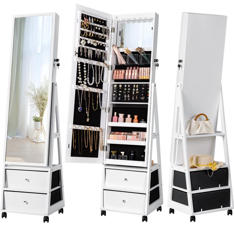 Homall 360° Rotating Jewelry Armoires Cabinet With Wheels Lockable Standing Storage Box with 2 Drawers Organiser Earring