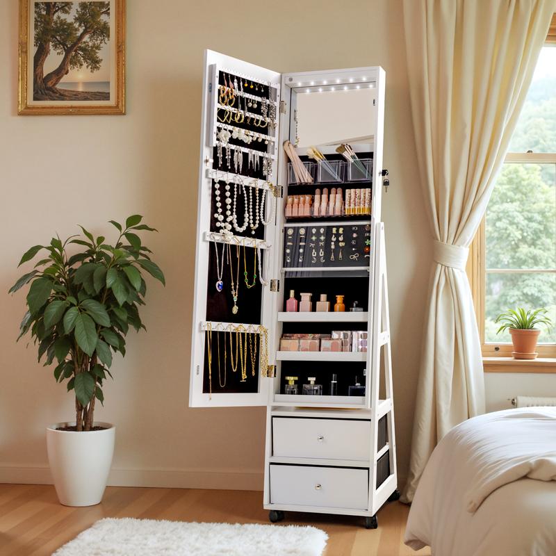 Homall 360° Rotating Jewelry Armoires Cabinet With Wheels Lockable Standing Storage Box with 2 Drawers Organiser Earring