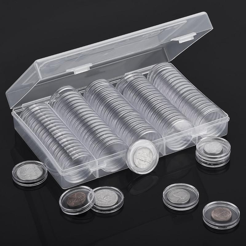 100 Pcs Coin Capsules Holder with Box, Commemorative Round Coin Holder, Coins Plastic Display Cases Storage Organizer, Coin Collection Box Container Collectibles Gifts