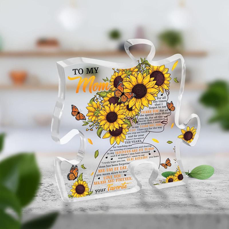 Sunflower Pattern Puzzle Shaped Acrylic Plaque, Creative Clear Puzzle Plaque, Home Decor for Living Room Bedroom Office, Gift for Mom