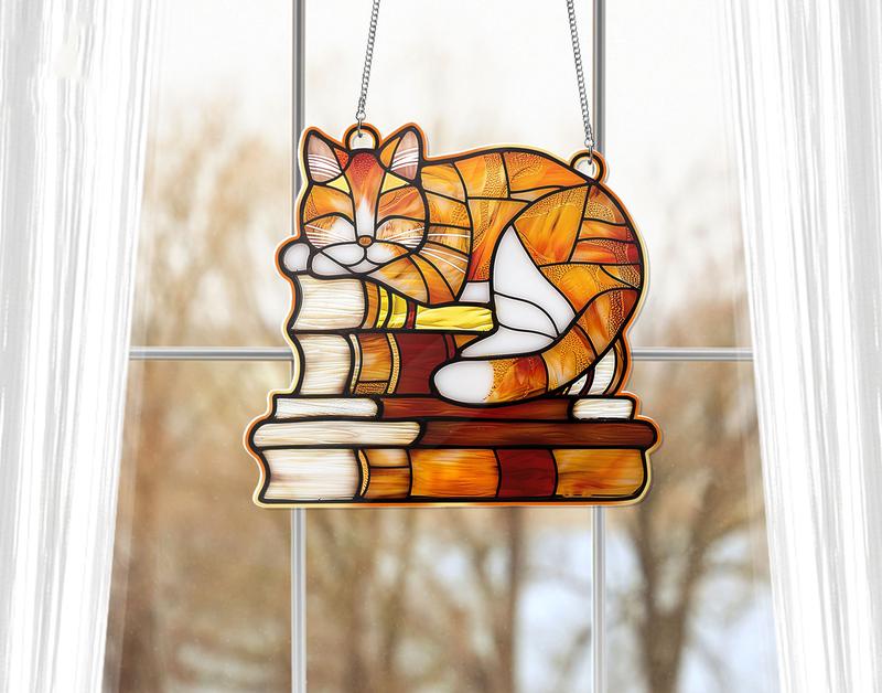 Orange Cat on The Books Acrylic Hanging Decor, Acrylic Window Hanging, Cat Mom Gift, Book Lover's Gift, FAUX Stained Glass, Cat Gifts Stainless Steel