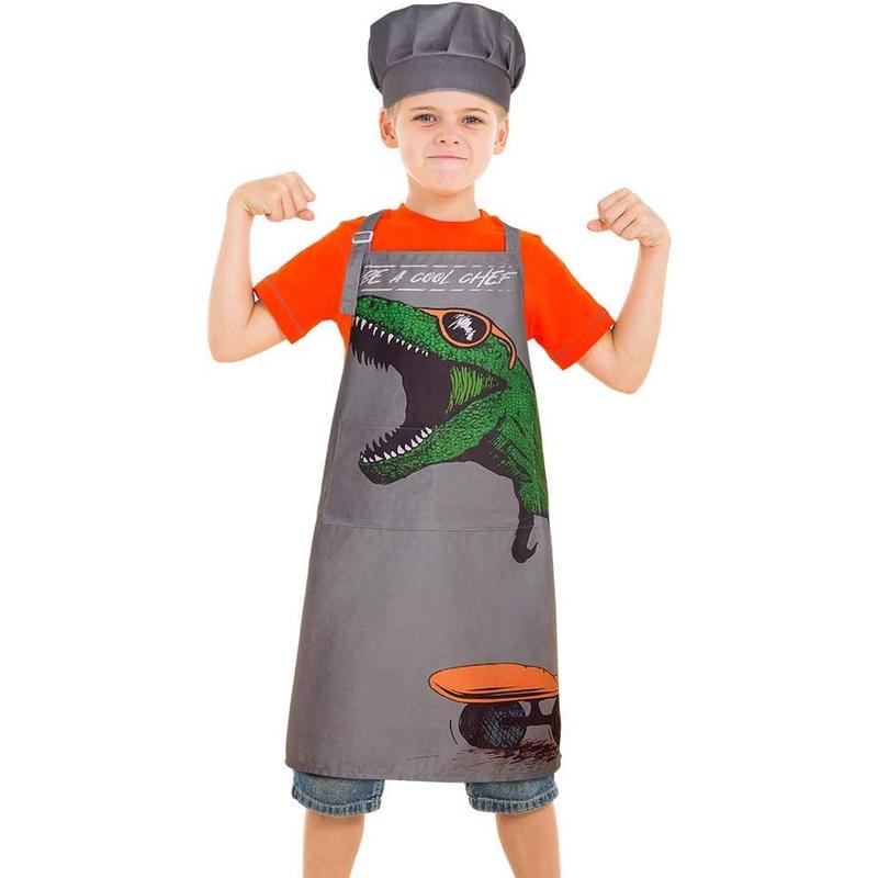 Apron and Chef Hat for Boys Dinosaur Child Aprons with Pockets, Child Apron for Cooking Baking Painting 3-12 Years