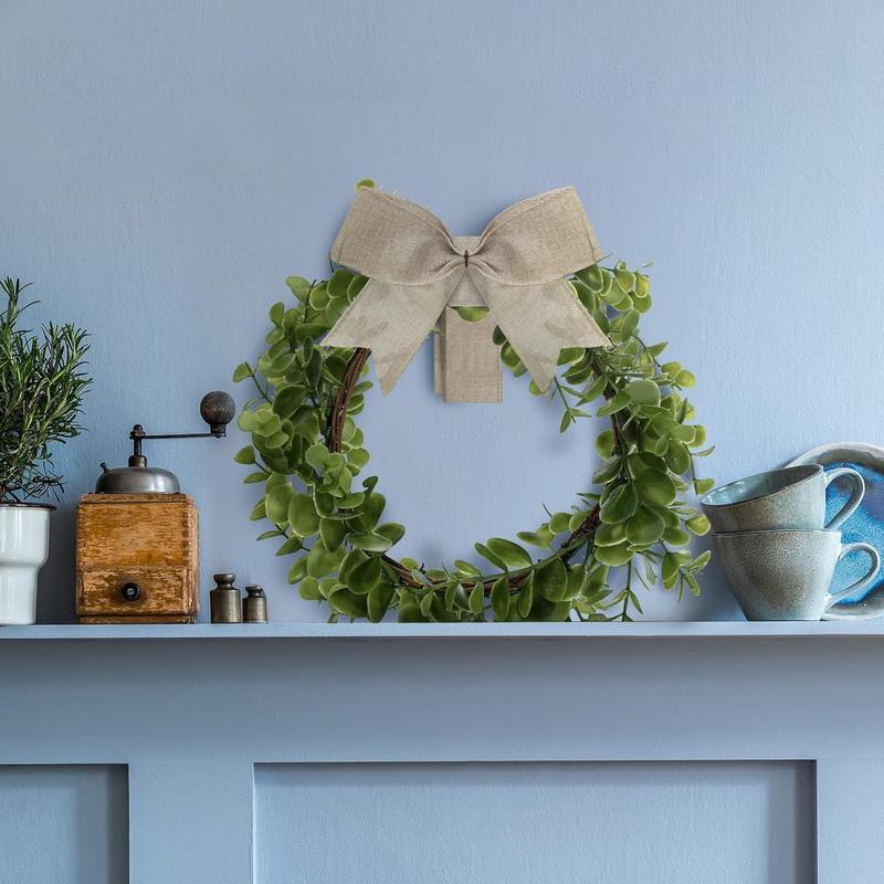 4 Pieces Fx Kitchen Cabinet Wreaths Boxwood Wreaths with Ribbon Artificial Green Leaves Wreaths Decorative Hanging Wreaths for Cabinet Wall Window Front Door Decors (Burlap, Linen)