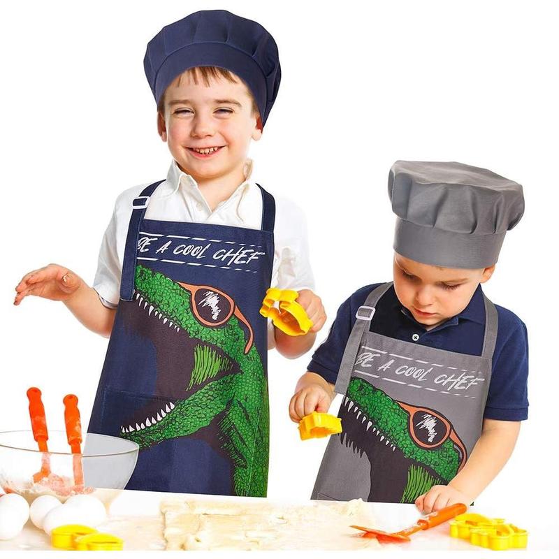 Apron and Chef Hat for Boys Dinosaur Child Aprons with Pockets, Child Apron for Cooking Baking Painting 3-12 Years