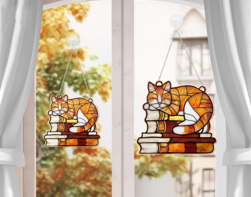 Orange Cat on The Books Acrylic Hanging Decor, Acrylic Window Hanging, Cat Mom Gift, Book Lover's Gift, FAUX Stained Glass, Cat Gifts Stainless Steel