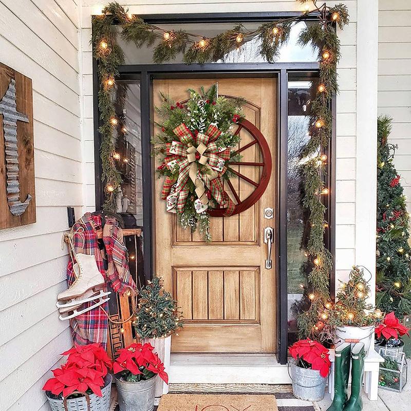 Farmhouse Wagon Wheel Wreath Christmas Winter Door Hanging Home Outdoor Decoration New Year Gift Christmas Decoration