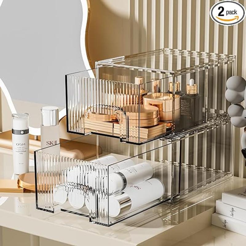 2 Pack Striped Stackable Acrylic Makeup Drawers Organizer, Makeup Organizer Box with Drawers for Skincare Vanity Bathroom Pantry Organization Gift