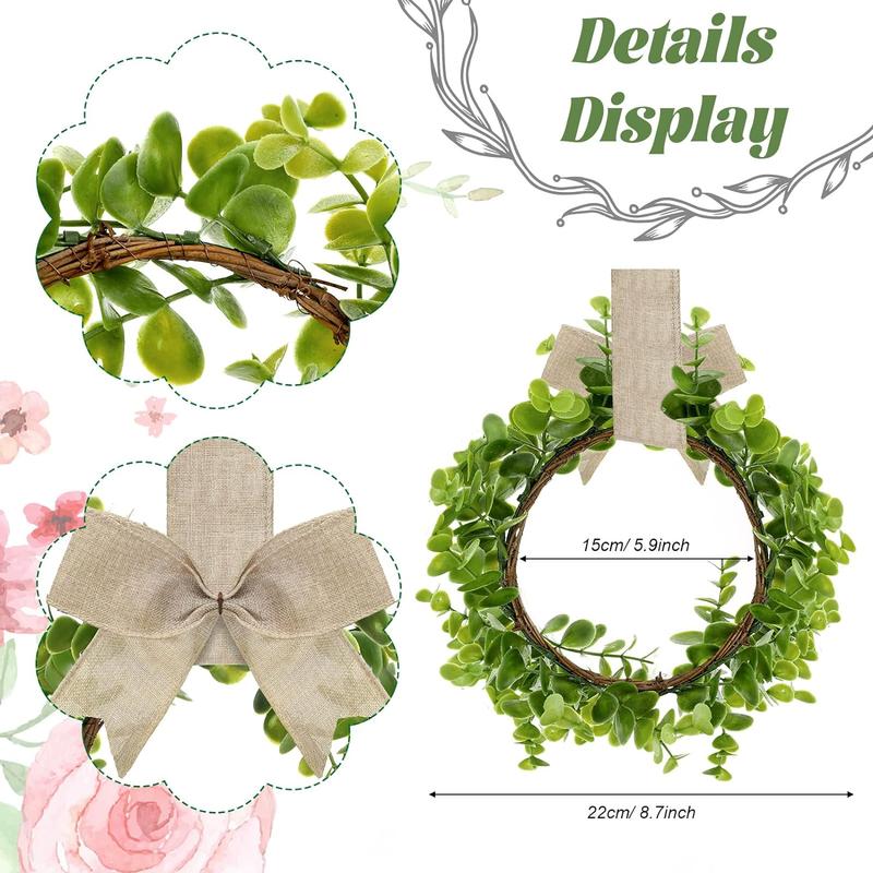 4 Pieces Fx Kitchen Cabinet Wreaths Boxwood Wreaths with Ribbon Artificial Green Leaves Wreaths Decorative Hanging Wreaths for Cabinet Wall Window Front Door Decors (Burlap, Linen)