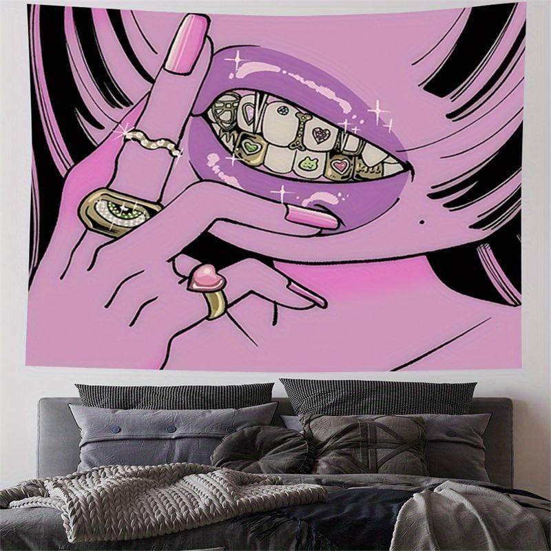 Christmas Gift -Cool Pink Lips and Eye Wall Tapestry, Trendy Cartoon Art Hanging Decor, Polyester Fiber Bedroom Living Room Tapestry