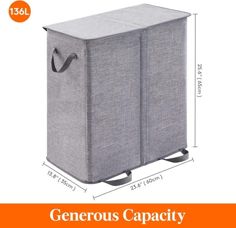 Double Laundry Hamper with Lid and Removable Laundry Bags, Large Collapsible 2 Dividers Dirty Clothes Basket with Handles for Laundry Room Organiser