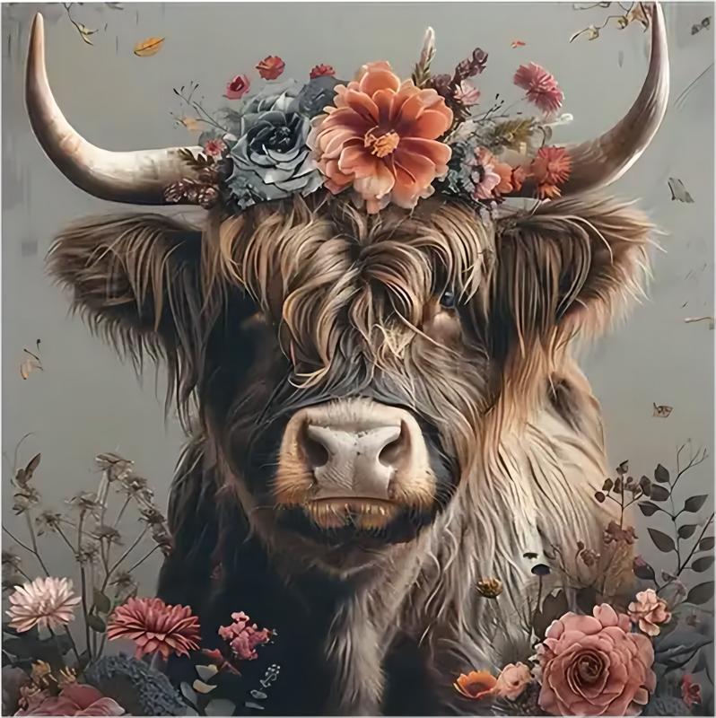 Highland Cow Canvas Wall Art Print Poster,Quirky Frameless Highland Cow with Floral Crown, Abstract Aesthetic Boho Decor for Living Room, Study, Office, Bar, Café, Hotel(Frameless)