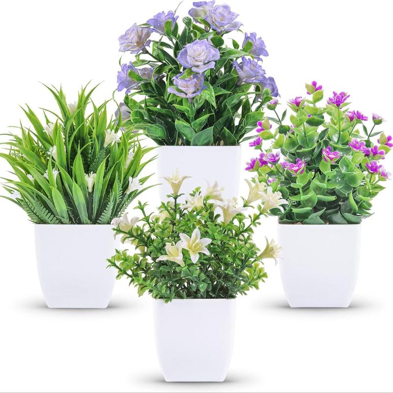 Artificial Potted Plant, 4 Counts Mini Faux Potted Flowers, Decorative Plants for Home Room Farmhouse Bathroom Decor Indoor