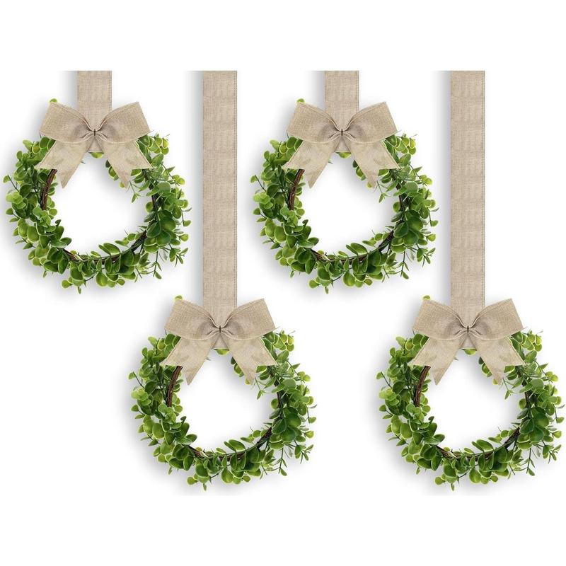 4 Pieces Fx Kitchen Cabinet Wreaths Boxwood Wreaths with Ribbon Artificial Green Leaves Wreaths Decorative Hanging Wreaths for Cabinet Wall Window Front Door Decors (Burlap, Linen)