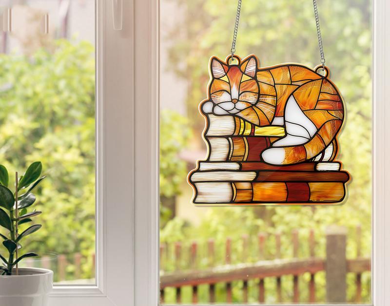 Orange Cat on The Books Acrylic Hanging Decor, Acrylic Window Hanging, Cat Mom Gift, Book Lover's Gift, FAUX Stained Glass, Cat Gifts Stainless Steel