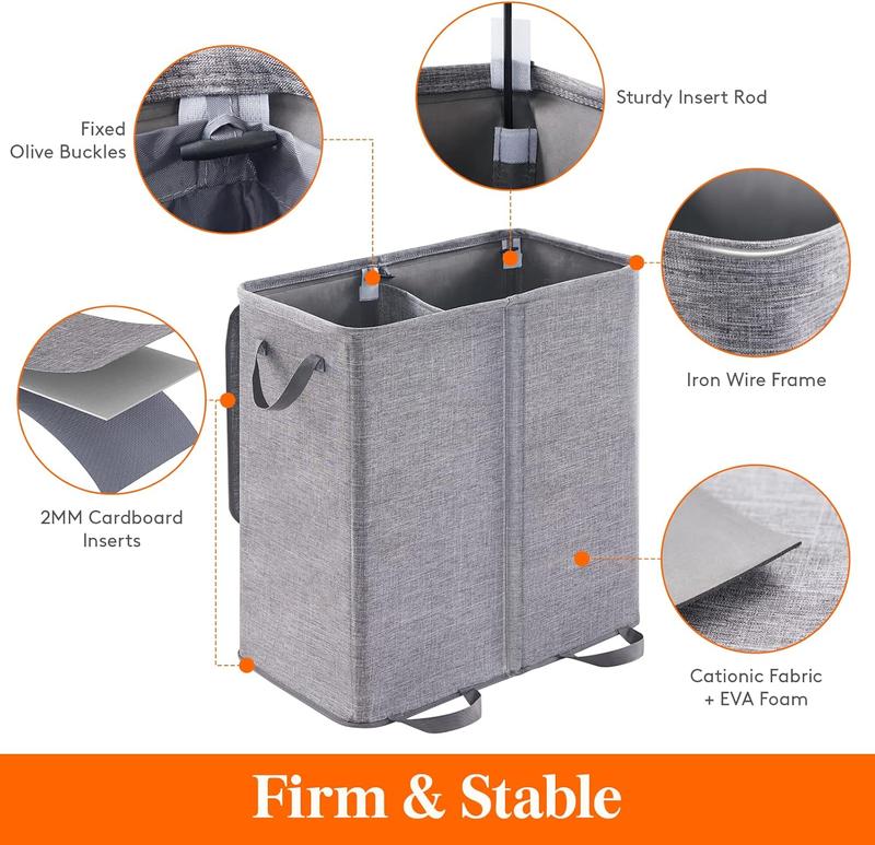 Double Laundry Hamper with Lid and Removable Laundry Bags, Large Collapsible 2 Dividers Dirty Clothes Basket with Handles for Laundry Room Organiser