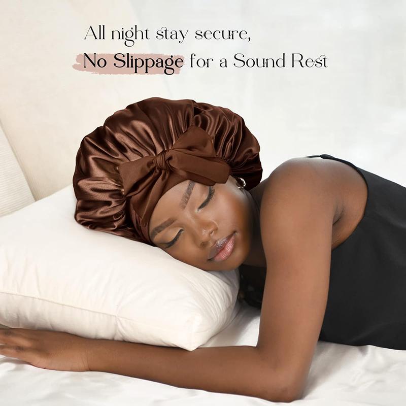 Women's Soft Silky Satin Bonnet and Scrunchies Set - 2-Piece Hair Care Kit with Tie Band - Shower and Night Cap