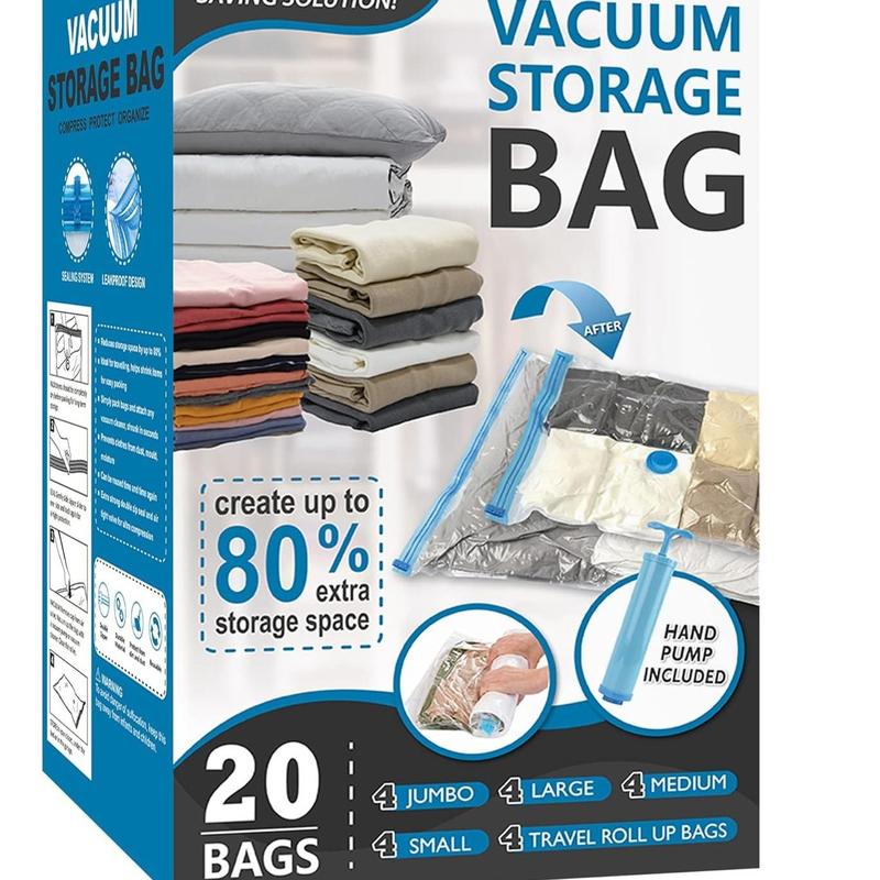 20-Pack Space Saver Vacuum Storage Bags Set with Hand Pump: Perfect for Comforters, Blankets & Clothes Storage Organizer