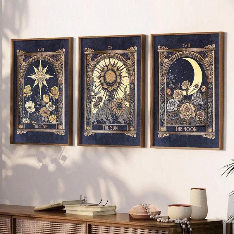 Vintage Tarot Pattern Unframed Painting, 3 Counts set Modern Mysterious Wall Art Poster, Wall Art Decor for Home Living Room Bedroom Office School