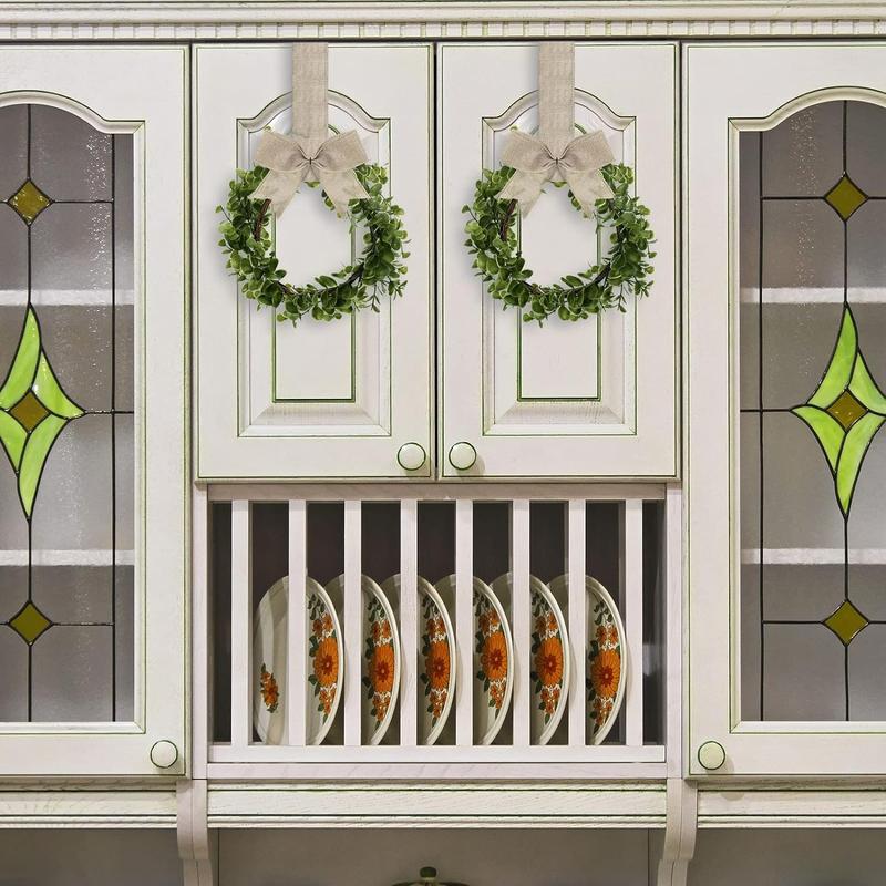 4 Pieces Fx Kitchen Cabinet Wreaths Boxwood Wreaths with Ribbon Artificial Green Leaves Wreaths Decorative Hanging Wreaths for Cabinet Wall Window Front Door Decors (Burlap, Linen)