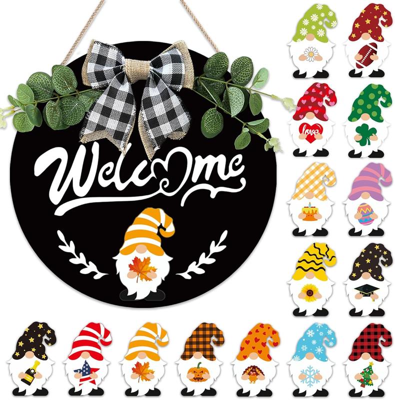 Wooden Interchangeable Welcome Sign for Front Door- 12 Inches Seasonal Gnome Decor - Fall Wreath for Home Classroom - Hanging Ornaments Farmhouse Gift