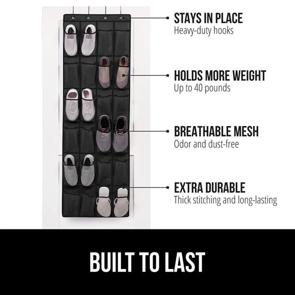 24 Pocket Over the Door Shoe Organizer, Mesh Pockets, Hang on Doors, Black - Up to 40 Pounds