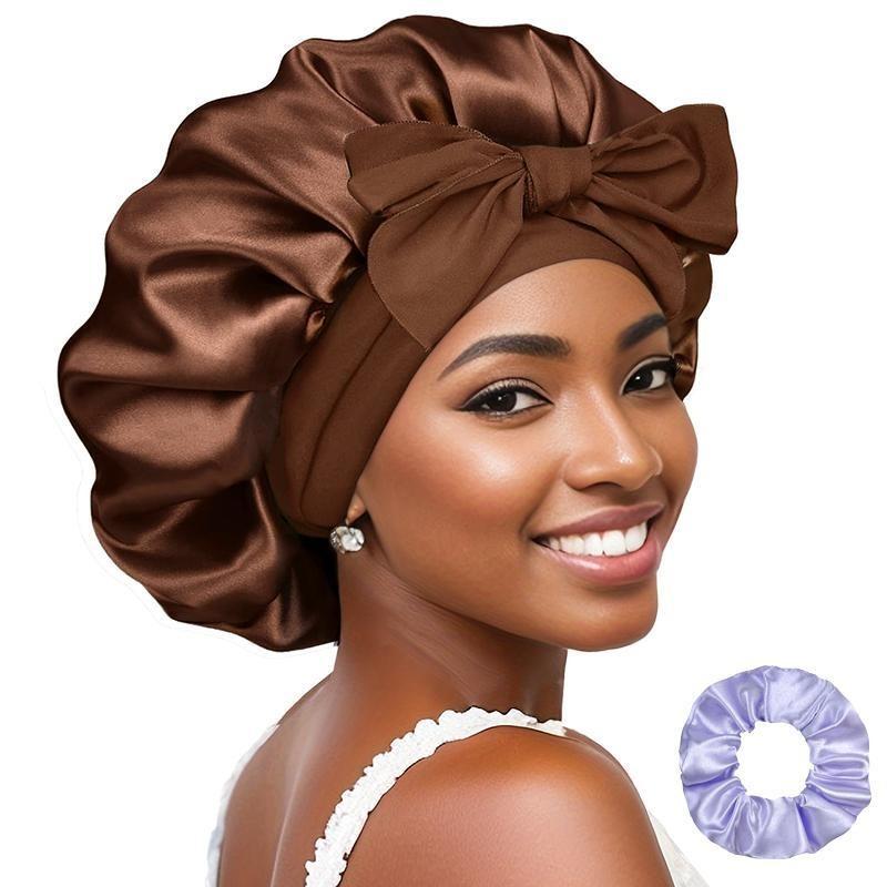 Women's Soft Silky Satin Bonnet and Scrunchies Set - 2-Piece Hair Care Kit with Tie Band - Shower and Night Cap