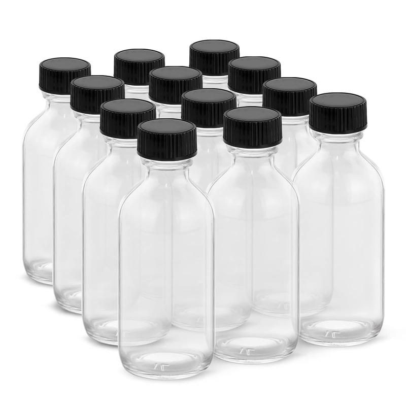 2OZ Small Glass Bottles with Lids and Funnels, 60ml Boston Round Glass Bottles,  for Diy Essential Oils, Perfumes, Whiskey and Juices, 12 Pack Clear Organiser Tin