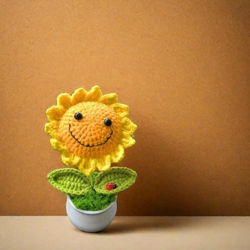 Handmade Mini Crochet Sunflower Potted Plant, 1 Count Artificial Potted Sunflower Decorative Flower, Desktop Decorative Ornaments for Home and Office