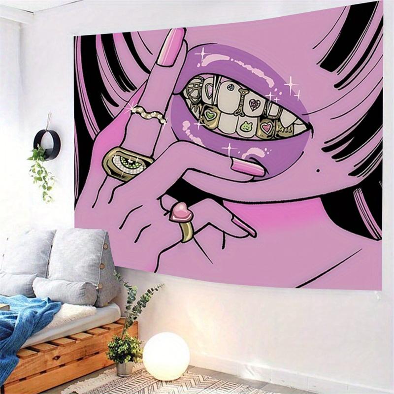 Christmas Gift -Cool Pink Lips and Eye Wall Tapestry, Trendy Cartoon Art Hanging Decor, Polyester Fiber Bedroom Living Room Tapestry